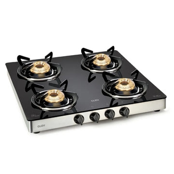 Glen CT1043GTEXBB 4 Burner Glass LPG Gas Stove – 6mm Toughened Black Glass, Fuel-Efficient Brass Burners, 2 Big & 2 Small Burners, SS Drip Tray & Manual Ignition