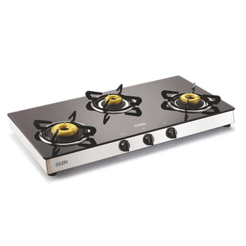 Glen CT1038GTFB 3 Burner Glass Gas Stove – 8mm Toughened Glass, Forged Brass Burners, High Flame Burner, Double Drip Tray & Manual/Auto Ignition