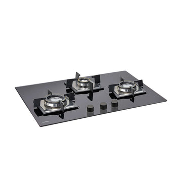 Glen BH1073SQDB 3 Burner Built-in Glass Hob – Double Ring Forged Brass Burners, 8mm Toughened Glass, Auto Ignition & Vitreous Enamelled Pan Supports
