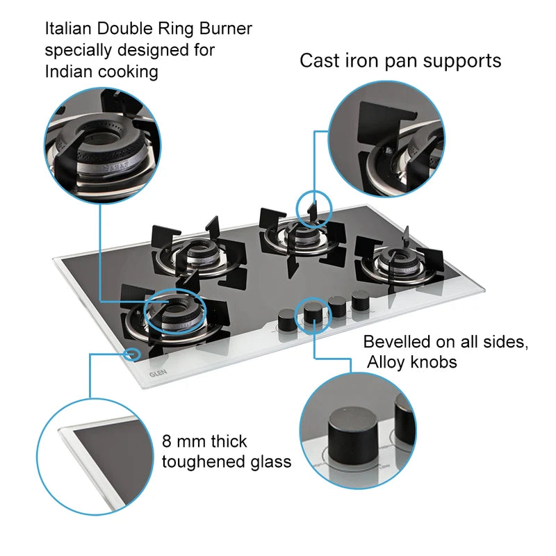 Glen BH1074INBW 4 Burner Built-in Glass Hob with Italian Double Ring Burners, Auto Ignition – 77 cm
