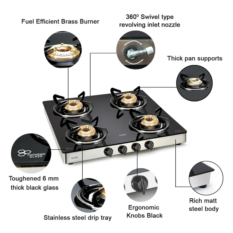 Glen CT1043GTEXBB 4 Burner Glass LPG Gas Stove – 6mm Toughened Black Glass, Fuel-Efficient Brass Burners, 2 Big & 2 Small Burners, SS Drip Tray & Manual Ignition