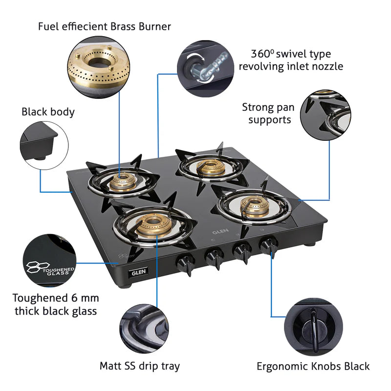 Glen CT1040GTXLJUBBBL 4 Burner Glass Gas Stove Junior – 6mm Toughened Black Glass, Brass Burners & Stainless Steel Drip Tray