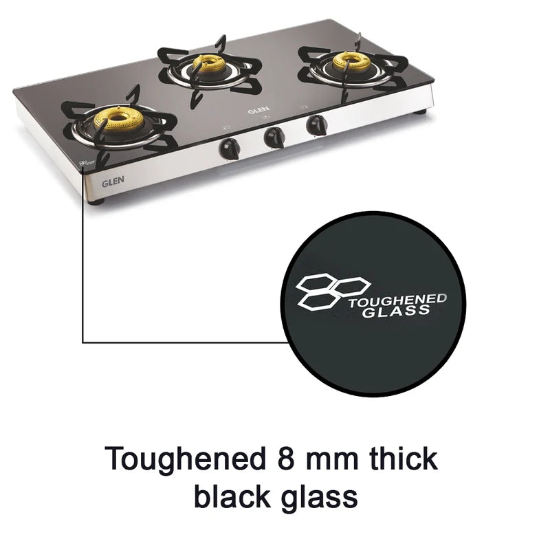 Glen CT1038GTFB 3 Burner Glass Gas Stove – 8mm Toughened Glass, Forged Brass Burners, High Flame Burner, Double Drip Tray & Manual/Auto Ignition