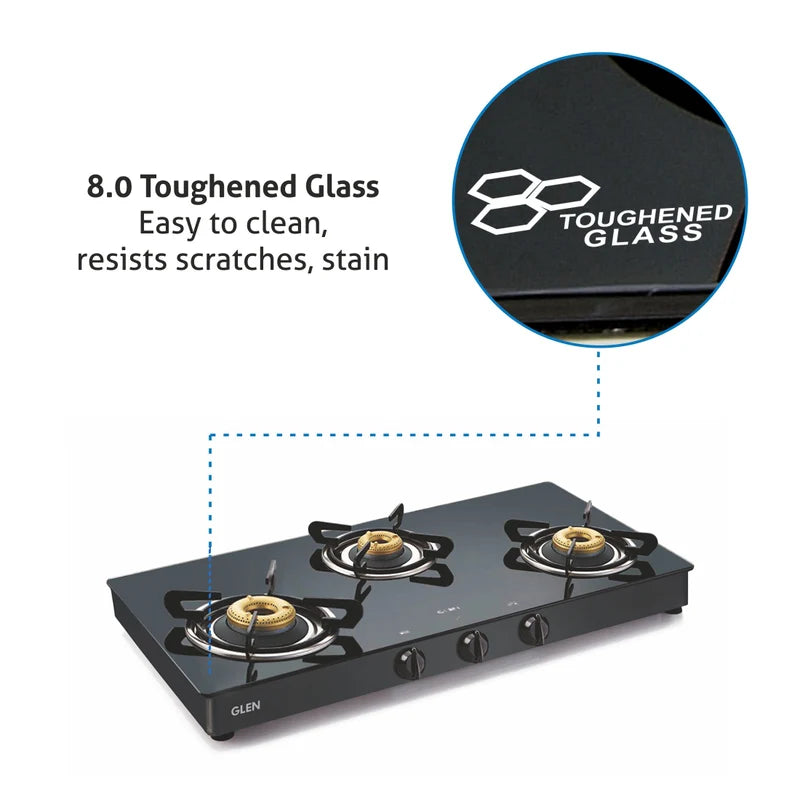 Glen CT1038GTFBDDBL 3 Burner Glass Gas Stove – 8mm Toughened Black Glass, Forged Brass Burners, High Flame Burner, Double Drip Tray & Manual/Auto Ignition