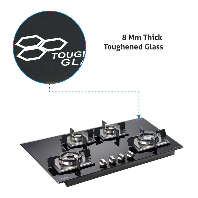 Glen BH1074SQHTTR 4 Burner Built-in Glass Gas Hob with Triple Ring & Double Ring Forged Brass Burners, Auto Ignition – 77 cm
