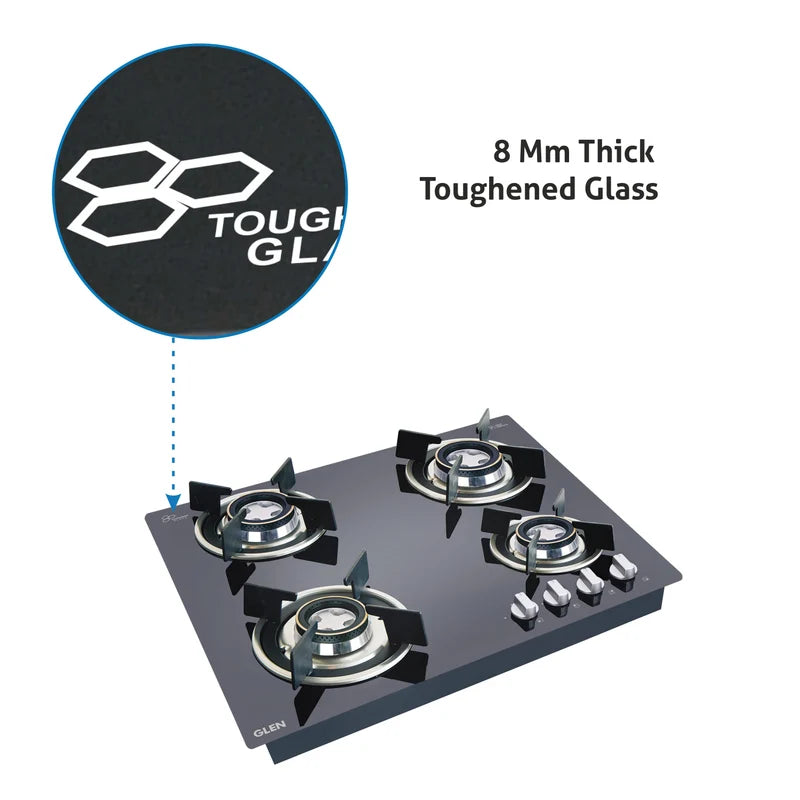Glen 4 Burner Black Glass Hob Top 60 cm with Forged Brass Double Ring Burners, Auto Ignition