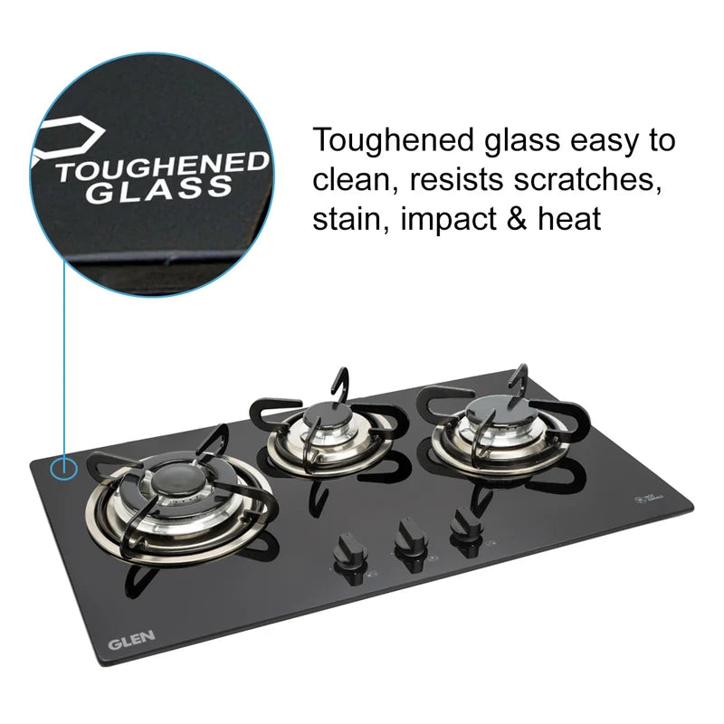 Glen BH1073TR 3 Burner Built-in Glass Hob – Triple Ring Burner, European Sealed Burners, 8mm Toughened Glass, Auto Ignition & Matt Steel Pan Supports
