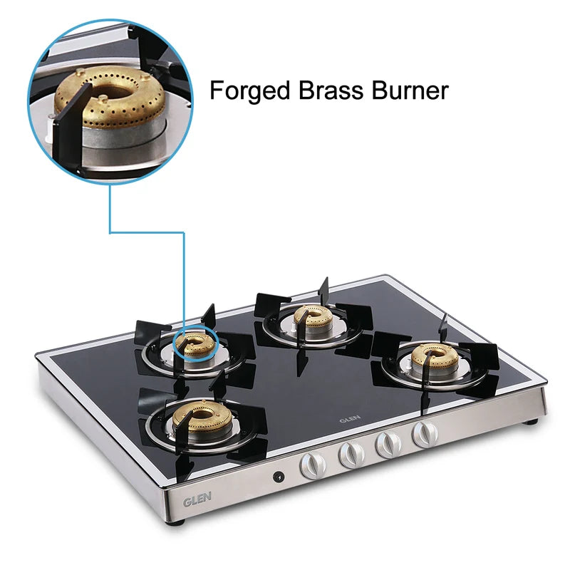 Glen CT1048GTFBMAI 4 Burner Glass Gas Stove – 8mm Mirror Finish Toughened Glass, 3 Forged Brass Burners, Multi-Spark Auto Ignition & Matt SS Drip Trays