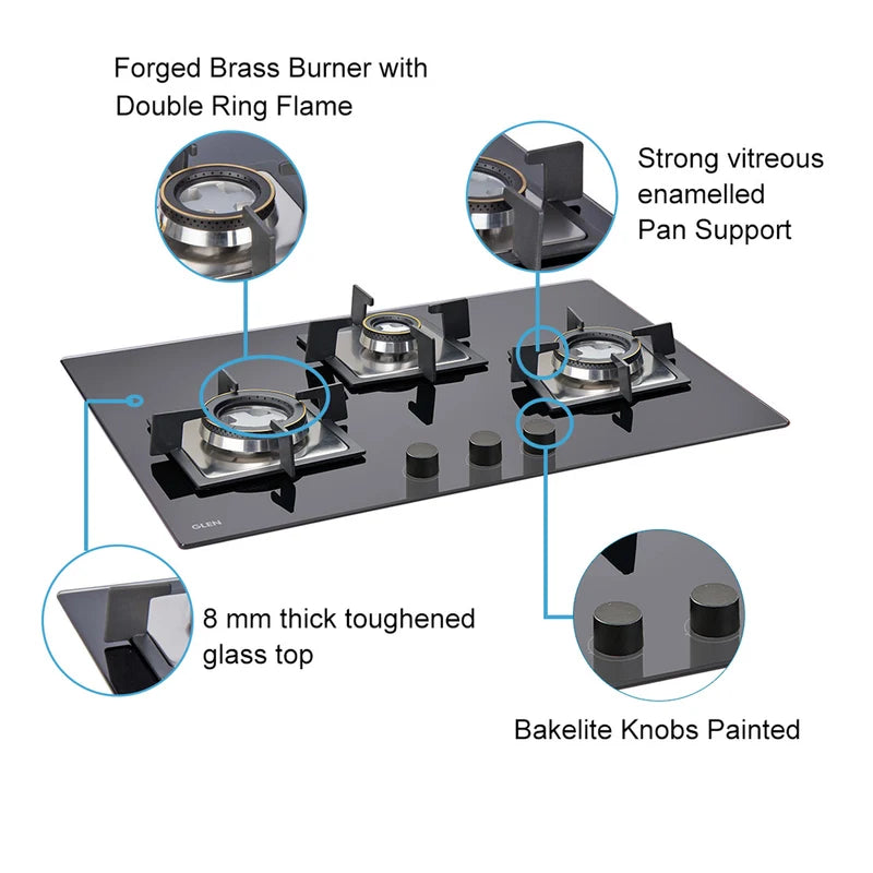 Glen BH1073SQDB 3 Burner Built-in Glass Hob – Double Ring Forged Brass Burners, 8mm Toughened Glass, Auto Ignition & Vitreous Enamelled Pan Supports