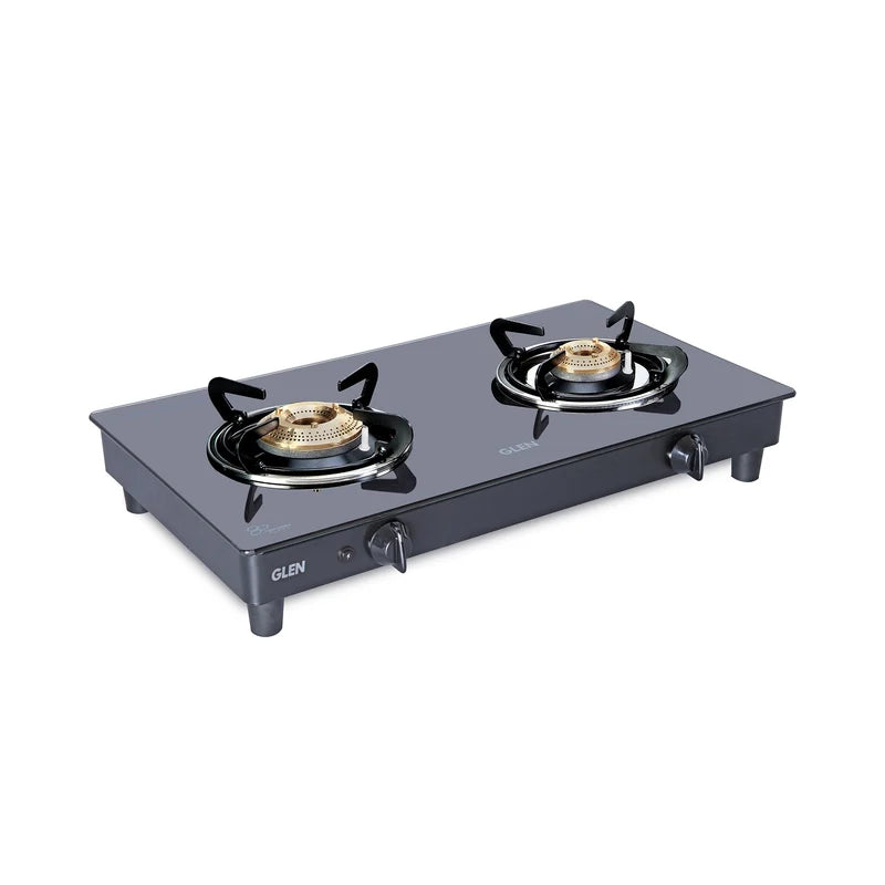 Glen CT1021GTBBBL 2 Burner Glass Gas Stove – 6mm Toughened Black Glass, High Flame Brass Burner, 660×395mm Cooktop & Manual/Auto Ignition