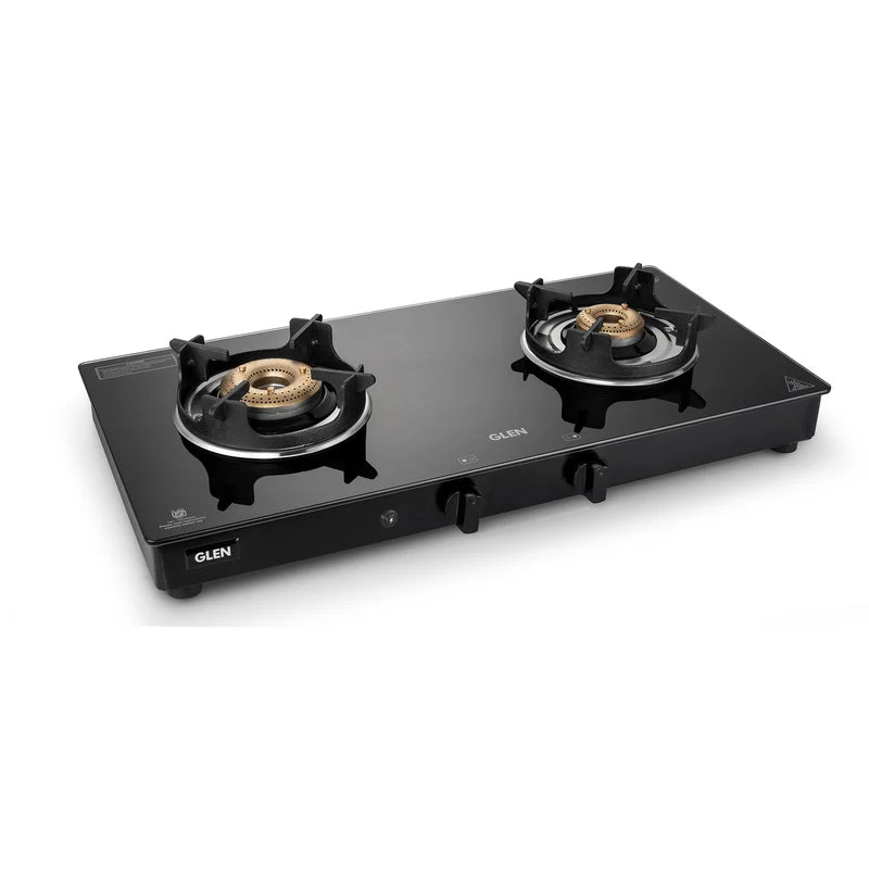 Glen CT1022GTBBBLHFCP 2 Burner Glass Gas Stove – High Flame Brass Burner, Crown Pan Supports & Manual/Auto Ignition