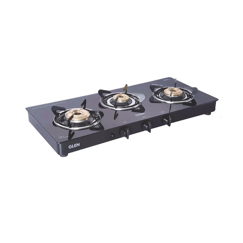 Glen CT1033GTBBBL 3 Burner Glass Gas Stove – 6mm Toughened Black Glass, Brass Burners & Manual/Auto Ignition