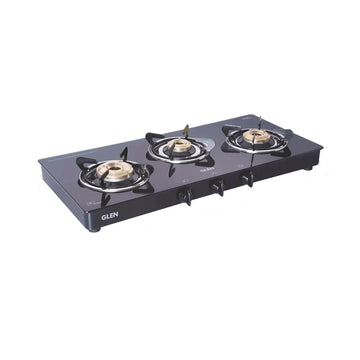 Glen CT1033GT XL 3 Burner Glass Gas Stove – High Flame Brass Burner, Toughened Black Glass & Stainless Steel Drip Tray