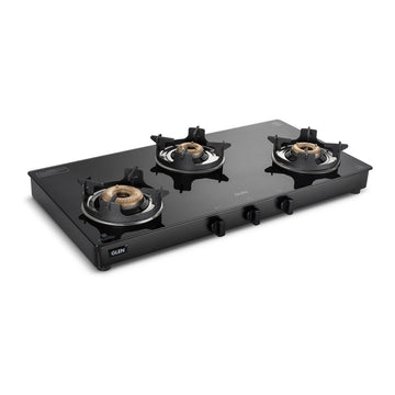 Glen CT1038GTBBBLHFCP 3 Burner Glass Gas Stove – Toughened Black Glass, Brass Burners, High Flame Burner, Crown Pan Supports & Manual/Auto Ignition