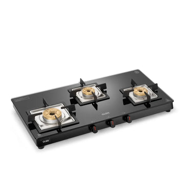 Glen CT1038SLSQBLFB 3 Burner Ultra Slim Glass Gas Stove – Toughened Black Glass, Forged Brass Burners, High Flame Burner & Manual/Auto Ignition