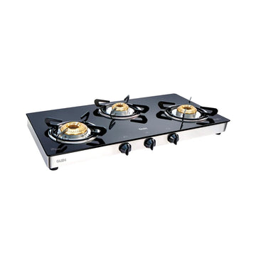 Glen Z18242L 3 Burner Glass LPG Gas Stove – 8mm Toughened Glass, Forged Brass Burners, High Flame Burner, Double SS Drip Tray & Manual Ignition