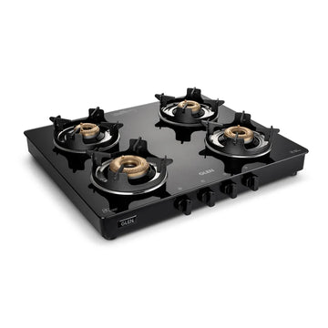 Glen CT1042GTBBBLHFCP 4 Burner Glass Gas Stove – High Flame Brass Burners, Crown Pan Supports, Toughened Glass & Manual/Auto Ignition