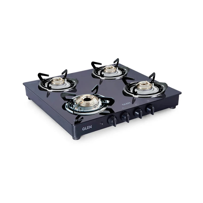 Glen CT1043GTHFBBDDBL 4 Burner Glass Gas Stove – 6mm Toughened Black Glass, High Flame Brass Burner, Double Drip Tray & Manual/Auto Ignition