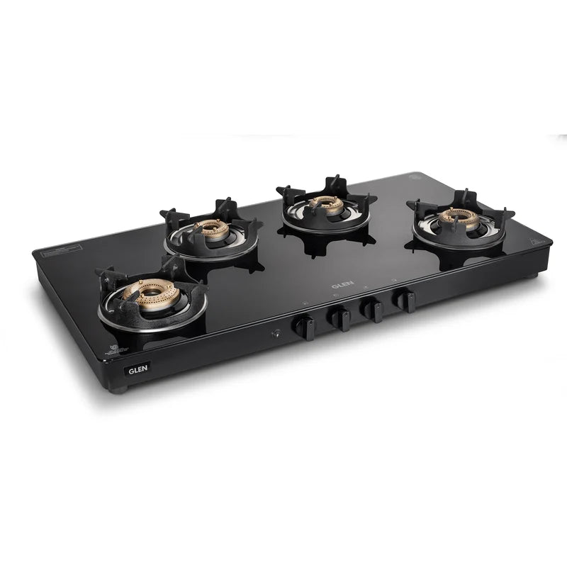 Glen CT1044GTBBBLHFCP 4 Burner Glass Gas Stove – High Flame Brass Burner, Crown Pan Supports & Manual/Auto Ignition