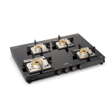 Glen CT1048SLSQBLFB 4 Burner Ultra Slim Glass Gas Stove – 8mm Toughened Black Glass, Forged Brass Burners, High Flame Burner, Matt SS Drip Trays & Manual/Auto Ignition