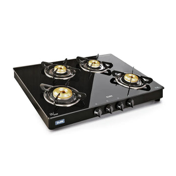 Glen CT1048GT 4 Burner Glass Gas Stove – 8mm Toughened Black Glass, Brass Burners, High Flame Burner, 4mm Pan Supports & Manual/Auto Ignition