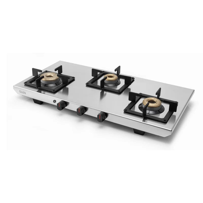 Glen CT1053UTSS77 3 Burner Ultra Tuff Stainless Steel Gas Stove with Forged Brass Burners, 5 mm Square Pan Supports & Manual/Auto Ignition – 77 cm