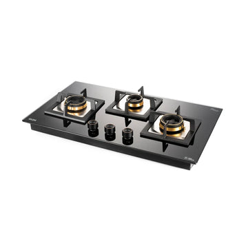Glen BH1073SQHTTDB 3 Burner Glass Gas Hob Top with Total Brass Double Ring Burners, Auto Ignition – 73 cm