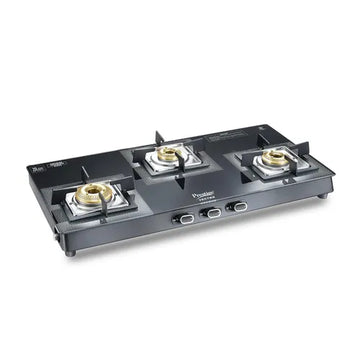 Prestige Vectra 3 Burner Gas Stove – Toughened Glass Top with Jumbo Brass Burners, 360° Revolving Nozzle