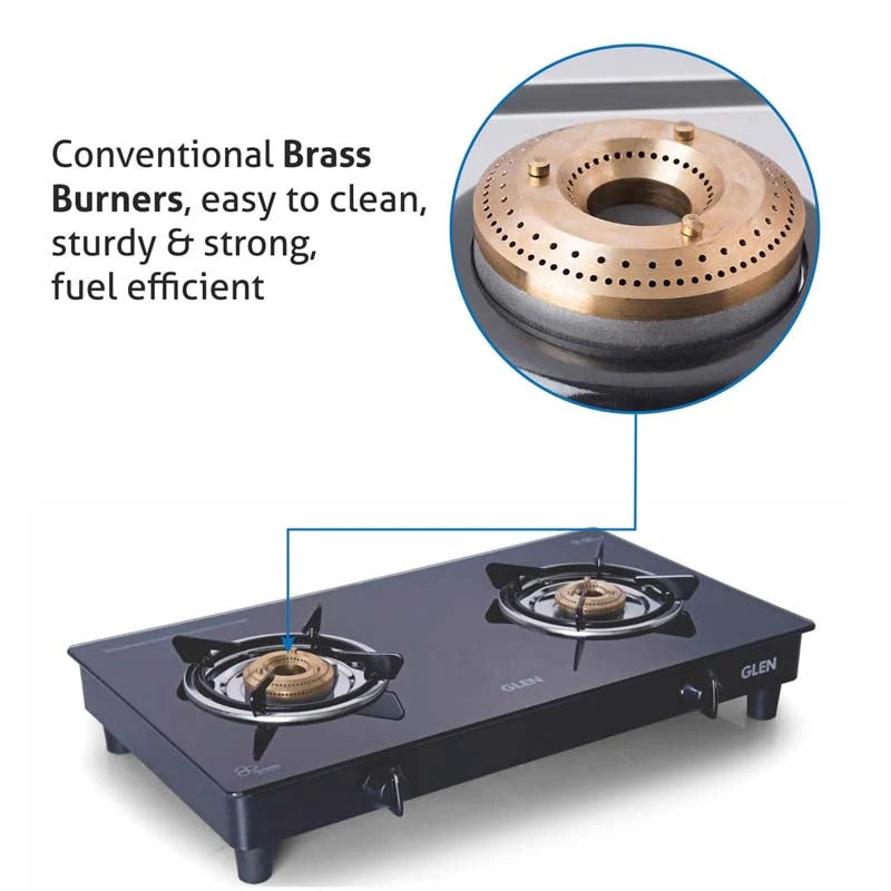 Glen CT1022GTXLBBBL 2 Burner Extra Large Glass Gas Stove – 6mm Toughened Black Glass, Brass Burners, Ergonomic Bakelite Knobs & Stainless Steel Drip Tray