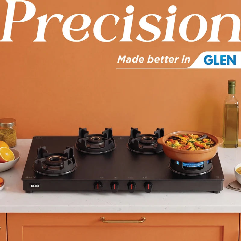 Glen CT1044SLCPBLMG 4 Burner Slim Matt Glass Gas Stove – High Flame Brass Burners, Crown Pan Supports, Matt Toughened Glass & Manual/Auto Ignition
