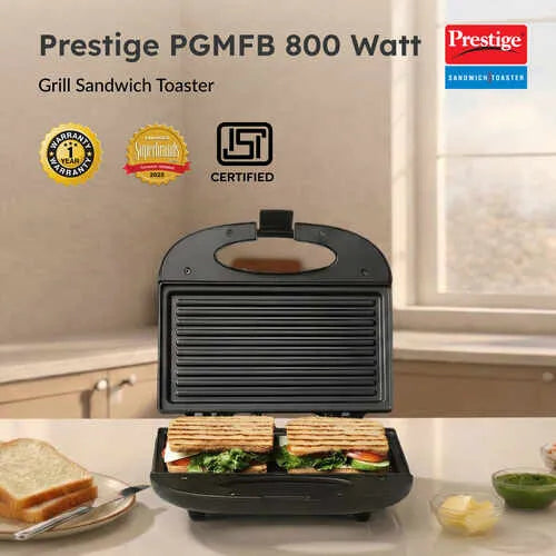Prestige PGMFB Sandwich Toaster – 800W Grill Sandwich Maker with Non-Stick Fixed Grill Plates & Auto Cut-Off