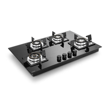 Glen BH1074SQHTMTR 4 Burner Glass Gas Hob Top – Mini Triple Ring & Double Ring Forged Brass Burners, Auto Ignition, 8mm Toughened Glass