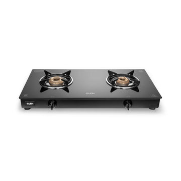 Glen CT1020GTJMBB 2 Burner Glass Gas Stove Jumbo – Toughened Black Glass, Brass Burners & Stainless Steel Drip Tray