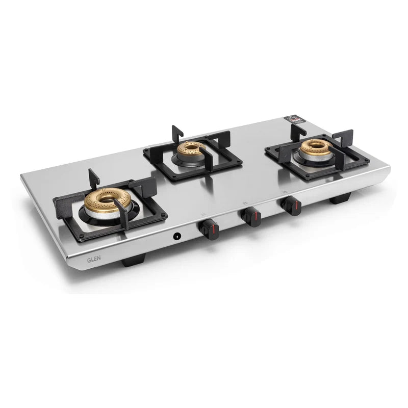 Glen CT1053UTSS73 3 Burner Ultra Tuff Stainless Steel Gas Stove with Forged Brass Burners, Square Pan Supports & Manual/Auto Ignition – 73 cm