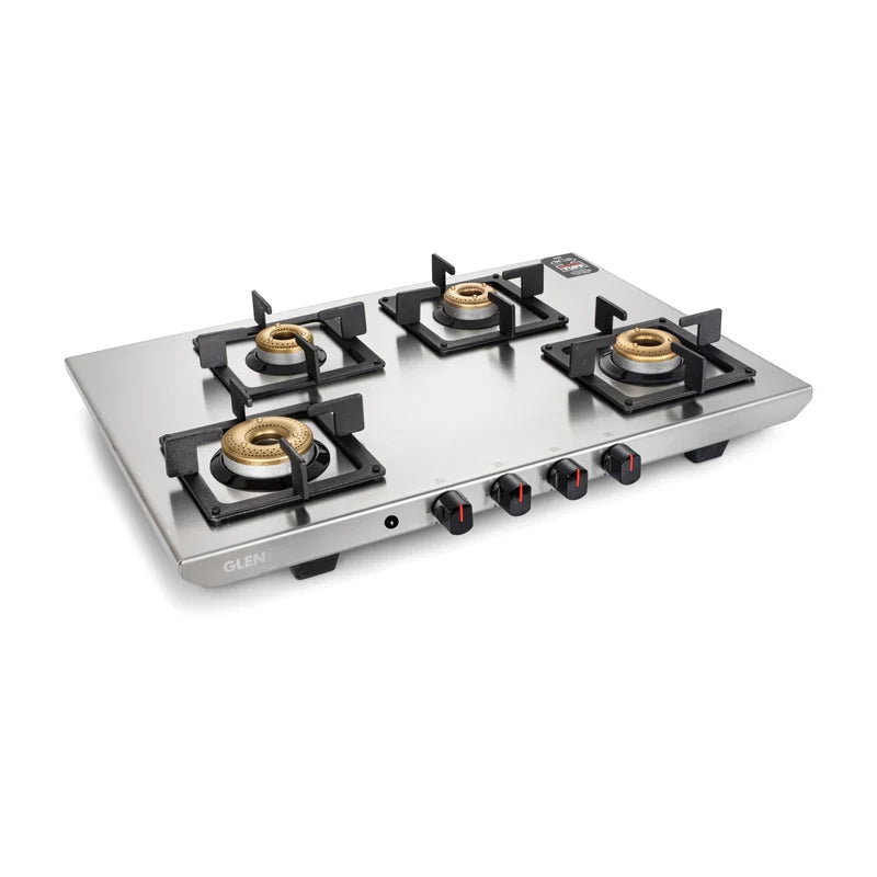 Glen CT1054UTSS 4 Burner Ultra Tuff Stainless Steel Gas Stove with Forged Brass Burners, 5 mm Square Pan Supports & Manual/Auto Ignition