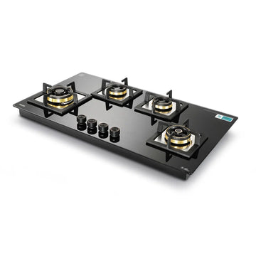Glen BH1094XLCIHTT2TR 4 Burner Glass Gas Hob Top with Triple Ring & Mini Triple Ring Total Brass Burners, Auto Ignition – 90 cm