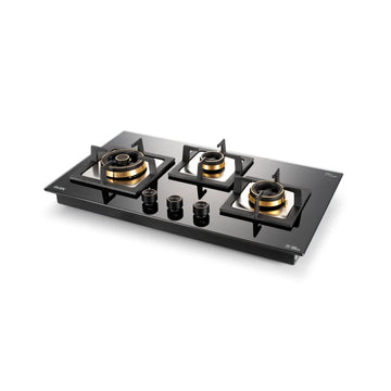 Glen BH1073CIHTTDBTR 3 Burner Glass Gas Hob Top with Triple Ring & Total Brass Double Ring Burners, Auto Ignition – 73 cm