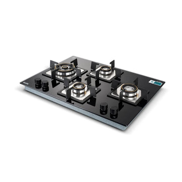 Glen BH1074XSQHTTR70 4 Burner Glass Gas Hob Top with Triple Ring & Forged Brass Double Ring Burners, Auto Ignition – 70 cm