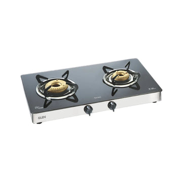 Glen CT1021GTFBHF 2 Burner LPG Glass Gas Stove – High Flame Forged Brass Burner, 6mm Toughened Glass, Stainless Steel Body & Manual/Auto Ignition