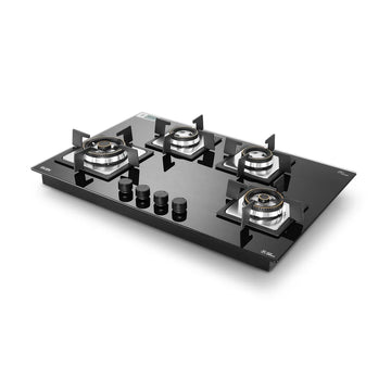Glen BH1074SQHT2TR 4 Burner Glass Gas Hob Top with Triple Ring, Mini Triple Ring & Double Ring Forged Brass Burners, Auto Ignition – 77 cm