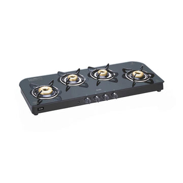 Glen CT1049GTFBAI 4 Burner Extra Wide Glass Gas Stove – 8mm Toughened Black Glass, 3 Forged Brass Burners, High Flame & Auto Ignition