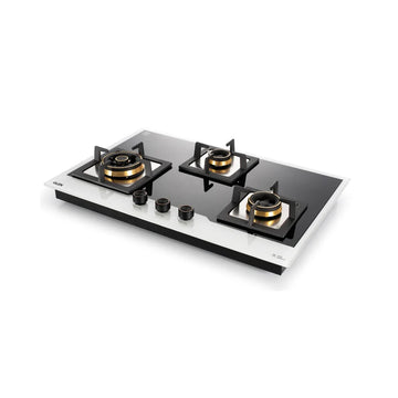 Glen BH1073XLCIHTTDBBW 3 Burner Black & White Glass Hob Top with Triple Ring & Total Brass Double Ring Burners, Auto Ignition – 77 cm