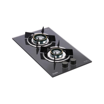 Glen 1012 RODB 2 Burner Built-in Glass Hob – Double Ring Forged Brass Burners, 8mm Toughened Glass, Auto Ignition & European Gas Valves