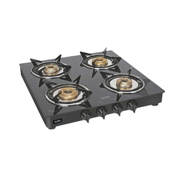 Glen CT1040GTXLJUBBBL 4 Burner Glass Gas Stove Junior – 6mm Toughened Black Glass, Brass Burners & Stainless Steel Drip Tray