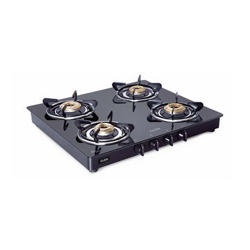 Glen CT1041GTBBBL 4 Burner Glass Gas Stove – 6mm Toughened Black Glass, Brass Burners & Manual/Auto Ignition