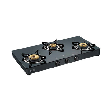 Glen CT1038GTFBDDBL 3 Burner Glass Gas Stove – 8mm Toughened Black Glass, Forged Brass Burners, High Flame Burner, Double Drip Tray & Manual/Auto Ignition