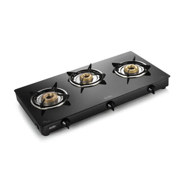 Glen CT1037GTBBBL 3 Burner Glass Gas Stove – 6mm Toughened Black Glass, Brass Burners, 2 Big & 1 Small Burner, SS Drip Tray & Manual Ignition