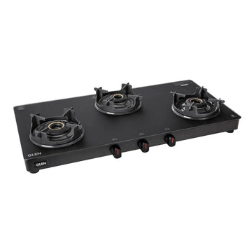 Glen CT1038SLCPBLMG 3 Burner Matt Finish Glass Gas Stove – High Flame Brass Burner, Crown Pan Supports, Vitreous Enamelled Drip Tray & Manual/Auto Ignition