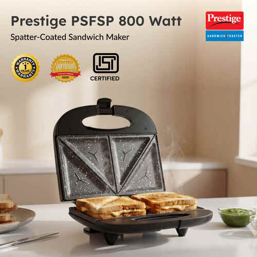 Prestige PSFSP Sandwich Toaster – 800W Electric Sandwich Maker with Spatter-Coated Non-Stick Plates & Cool-Touch Handle