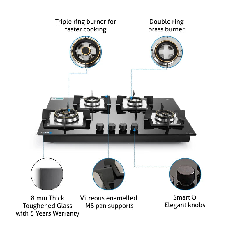 Glen BH1074SQHT2TR 4 Burner Glass Gas Hob Top with Triple Ring, Mini Triple Ring & Double Ring Forged Brass Burners, Auto Ignition – 77 cm